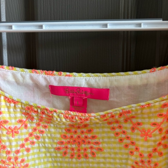 Lilly Pulitzer Lettie Eyelet Seersucker Top Yellow Neon Coral Puff Sleeves L - Picture 4 of 11